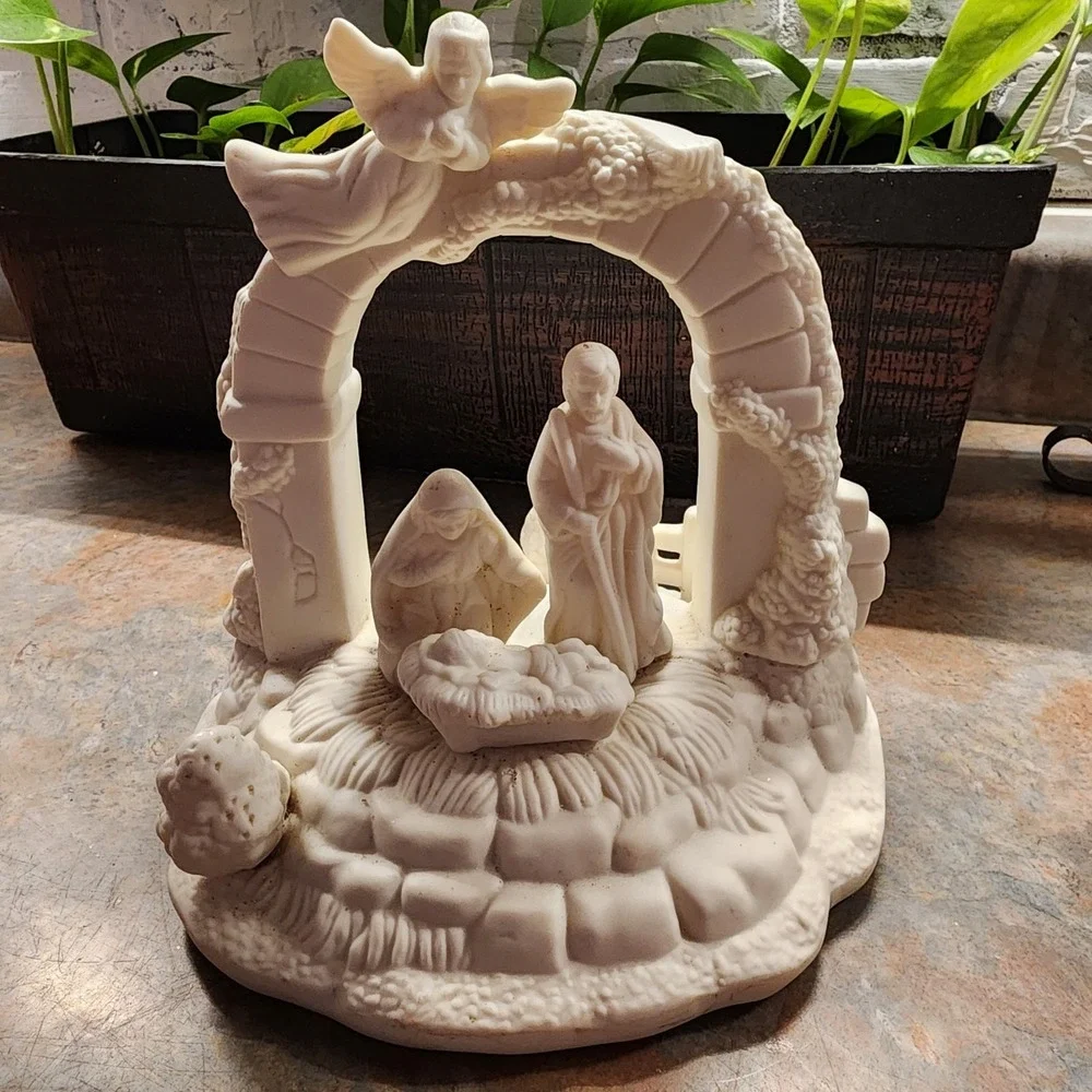 Musical Nativity Figurine Plays Silent Night Off White Bisque Holy Family 8 in.